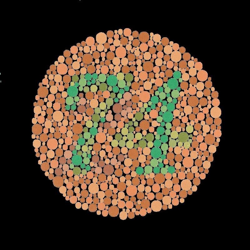 石原色盲检测图之一，色觉正常的人能清楚地从图中看出数字“74”，二色色盲者或三色视觉异常者可能会看到“21”，全色盲者则看不到任何数字。