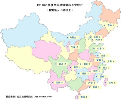 2011年1季度全国星级酒店开业统计（按地区，3星以上）